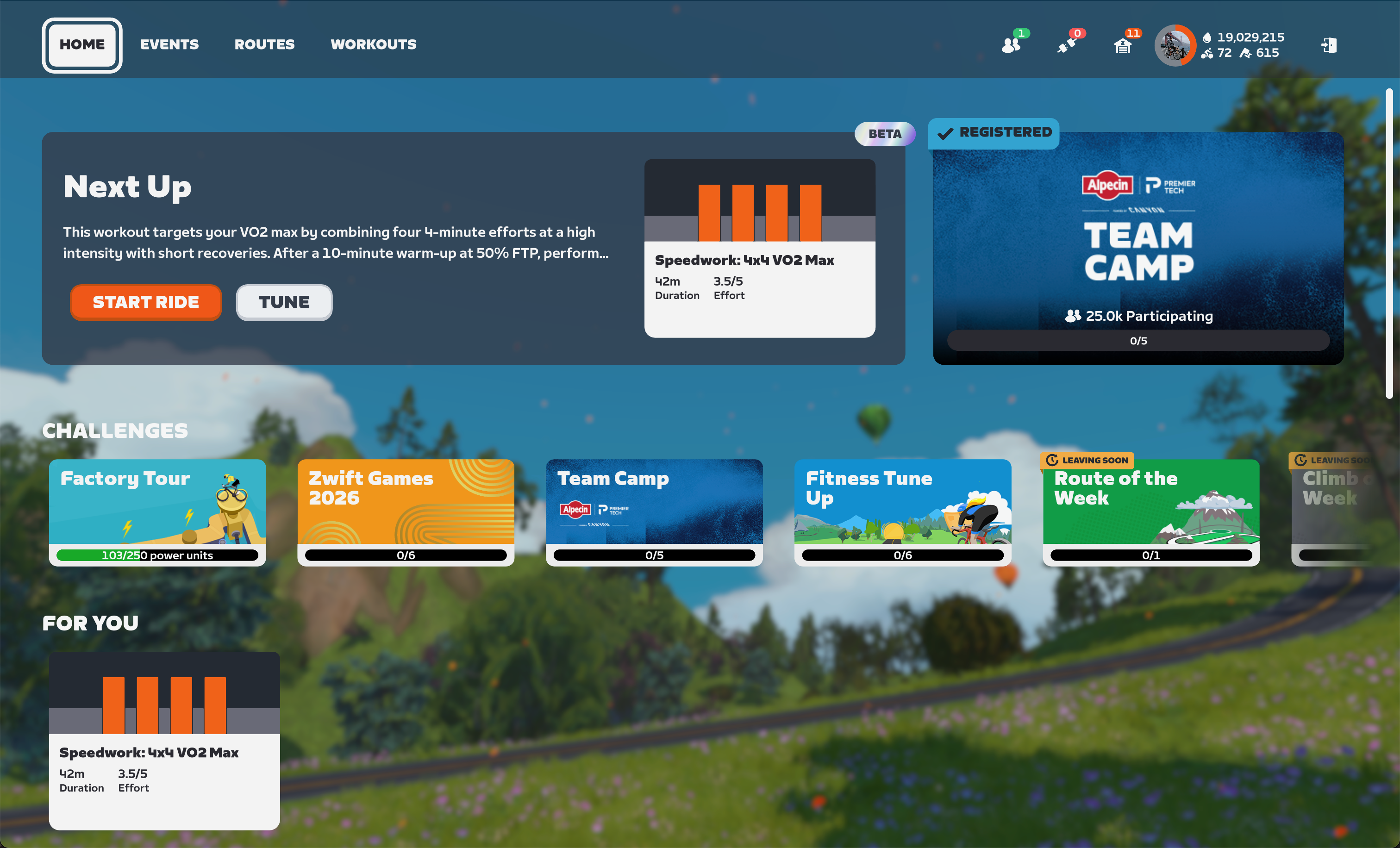 Zwift home screen with Speedwork workout loaded