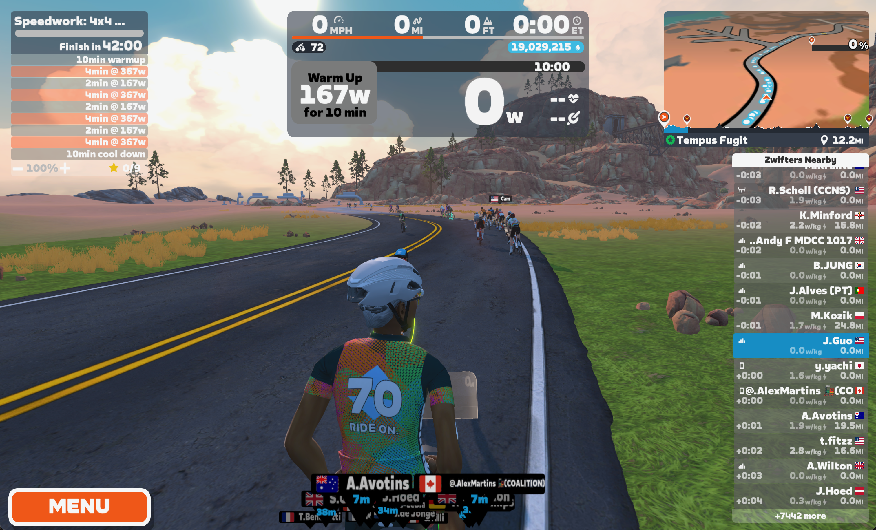Zwift game with Speedwork workout active